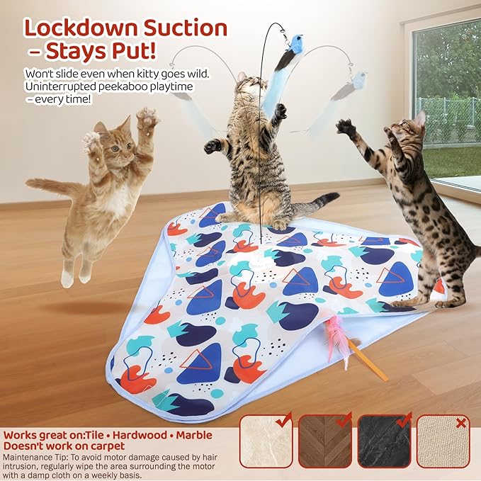Interactive Cat Toys, Rechargeable Hide and Seek Cat Toys, Durable Stable Base Touch Activated Kitten Toy with Bird Cat Wand, Waving Concealed Feather Exercise Toy for Indoor Bored Cats/Kitten-Mewly Pet