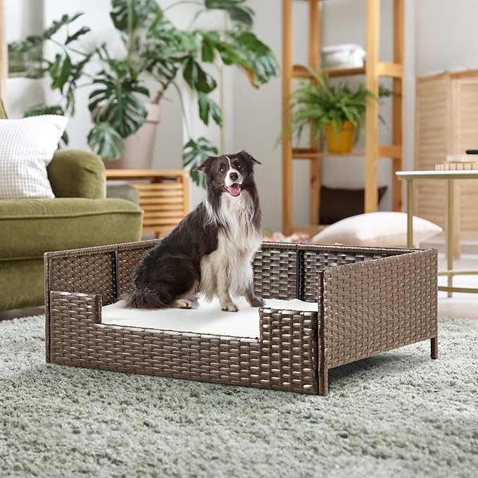YITAHOME Rattan Dog Sofa Bed with Cushion, Wicker Pet Bed Sofa Couch Indoor Outdoor Waterproof for Large Medium Small Dogs Cats (34.6''L*23.6''W*11.8''H,Beige)-Mewly Pet