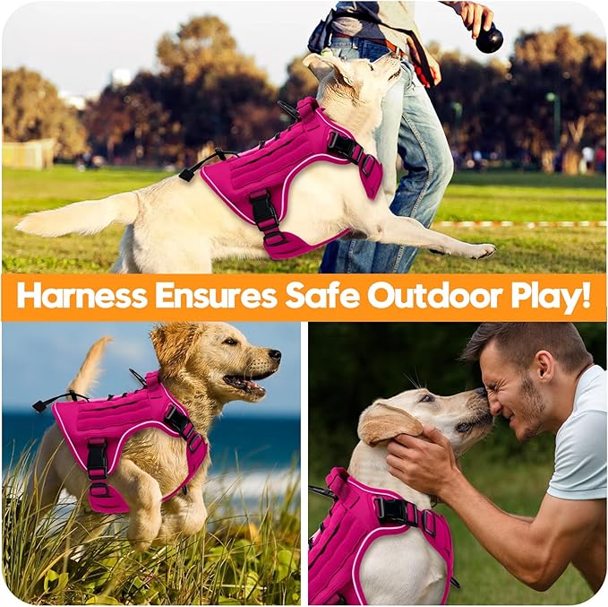 Heavy-Duty Tactical Dog Harness for Large Dogs, No Pull Adjustable Reflective Pet Vest with Molle System, K9 Military-Grade Control for Service Training, Outdoor & 10+ Breeds, Hot Pink, X-Large-Mewly Pet