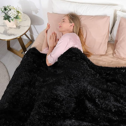 Tuddrom Decorative Extra Soft Faux Fur Blanket Queen Size 80" x 90",Solid Reversible Fuzzy Fluffy Cozy Plush Fleece Comfy Microfiber Fur Blanket for Couch Sofa Bed,Black
