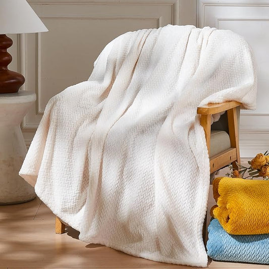NEWCOSPLAY Super Soft Twin Blanket Ivory Premium Silky Flannel Fleece Leaves Pattern Lightweight Bed Blanket All Season Use (Ivory, Twin(60"x80"))