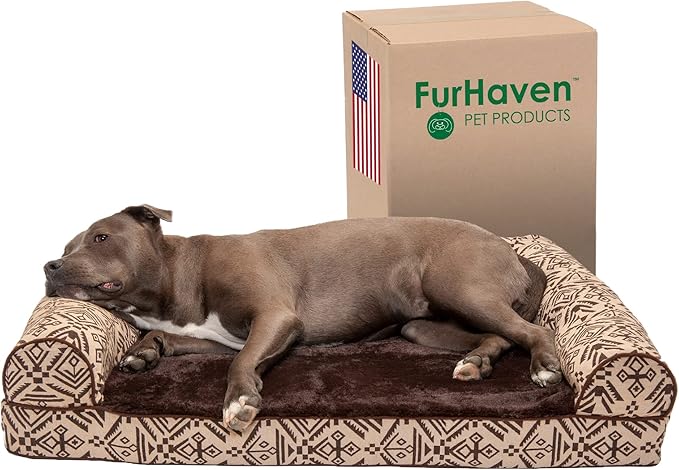 Furhaven Orthopedic Dog Bed for Large/Medium Dogs w/ Removable Bolsters & Washable Cover, For Dogs Up to 55 lbs - Plush & Southwest Kilim Woven Decor Sofa - Desert Brown, Large-Mewly Pet