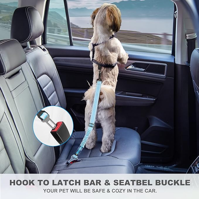 Dog Seat Belt 3-in-1 Car Harness for Dogs Adjustable Safety Seatbelt for Car Nylon Reflective Bungee Fabric Dog Car Harness with Clip Hook Latch & Buckle, Swivel Zinc Alloy Carabiner (Light Blue)-Mewly Pet