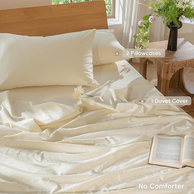 MooMee Bedding Duvet Cover Set 100% Washed Cotton Linen Like Textured Breathable Durable Soft Comfy (Solid Cream White, King 104"x90")