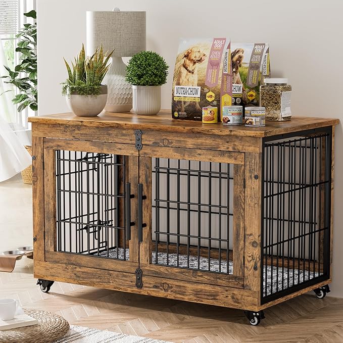 Lulive Dog Crate Furniture Set of 2, Dog Kennel Indoor Double Doors Wooden Dog Cage, 38'' Heavy Duty Dog Crate with Cushion & Wheels, End Table Pet House Chew-Resistant Up to 70 lb, Rustic Brown-Mewly Pet