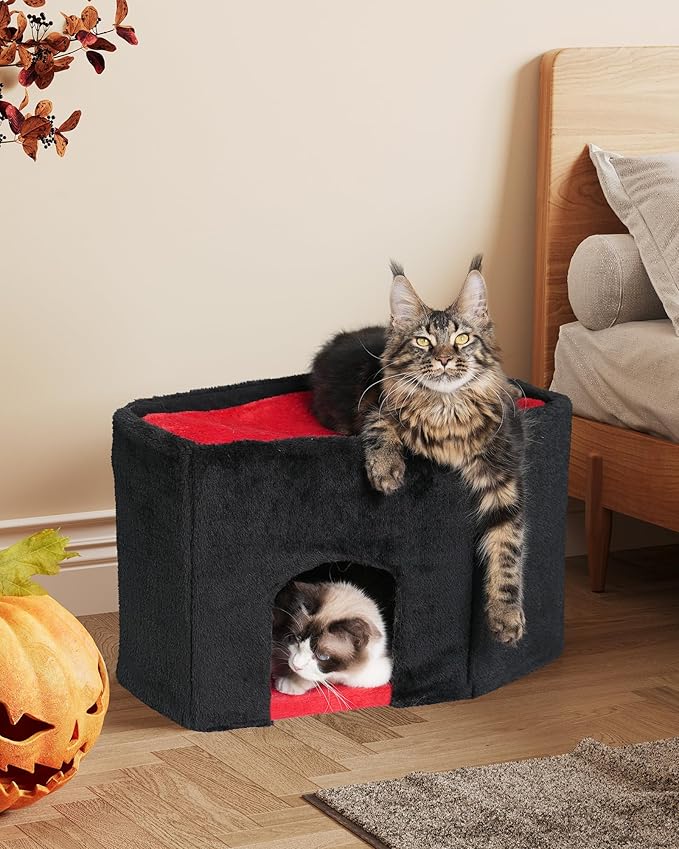 Gothic Cat Condo Cave for Indoor Cats, Spacious Indoor Coffin Cat House Bed,Large 20x13.5inch Bunk Perch, Stable Cubbie for Pets Rabbits, Halloween Red Black-Mewly Pet