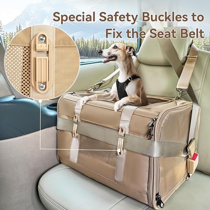 Petsfit 19x12x12 Pet Carrier for Large Cats (up to 20 lbs), Soft-Sided Small Dog Travel Carrier, Upgraded with Patented Buckle and Soft Padding, Ideal for Car Road Trips,Khaki-Mewly Pet