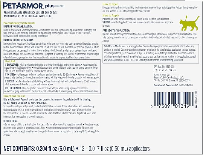 PetArmor Plus Flea and Tick Prevention for Cats, Cat Flea and Tick Treatment, 12 Doses, Waterproof Topical, Fast Acting, Cats Over 1.5 lbs-Mewly Pet