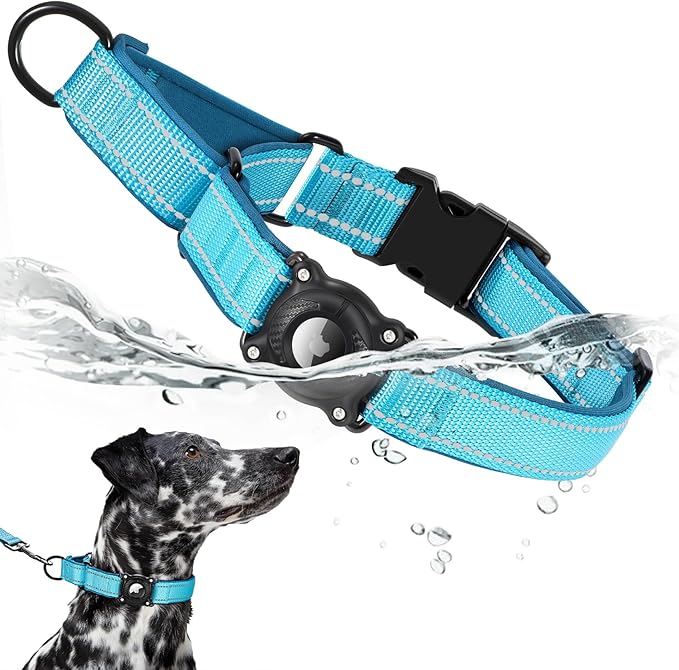 Airtag Dog Collar with Martingale Design, IP68 Waterproof Air Tag Collar Holder, Adjustable Reflective Soft Padded Nylon Dog Collar for Large Medium Small Dogs-Mewly Pet