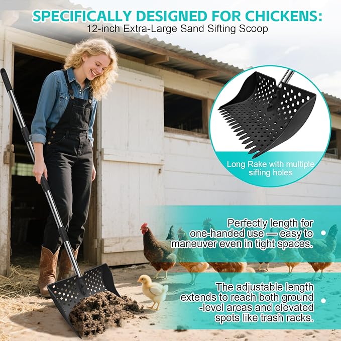 12-Inch 2-in-1 Chicken Poop Scooper & Rake – US Patent Pending – 3-Shape Sifting Holes Chicken Coop Rake，Stainless Steel Handle （20–61"）– Litter Scoop Sand & Sifting Shovel for Chicken Coops (Black)-Mewly Pet