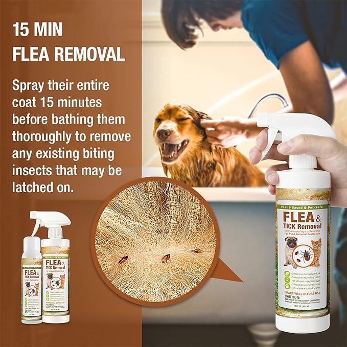 EcoVenger Flea & Tick Removal Spray 16oz for Dogs and Cats, Protects from Fleas, Mites, Ticks & Mosquitoes, eliminates+ Repels+ Housekeeping, Indoors/Outdoors, Plant-Based Formula Safe for Pets & Kids-Mewly Pet