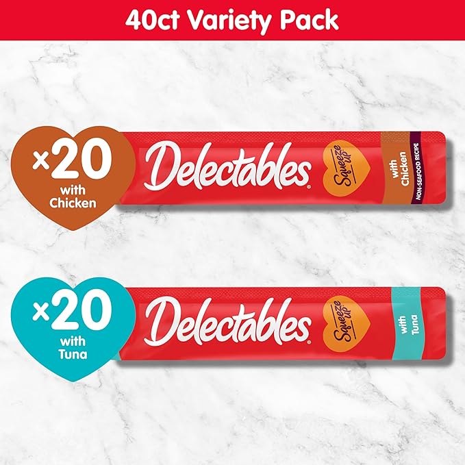 New! Delectables Squeeze Up Variety Pack, Creamy Squeezable Puree, Lickable Wet Cat Treats, Grain-Free, No Added Fillers, 0.5 Ounces Tube, 40 Tubes Total-Mewly Pet