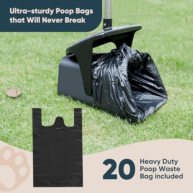 Stainless Steel Dog Pooper Scooper,40" Long Handle Swivel Bin, Rake and Spade,20 Waste Bags & Hook - Heavy Duty Portable Metal Poop Scooper for Large,Medium and Small Dogs-Mewly Pet