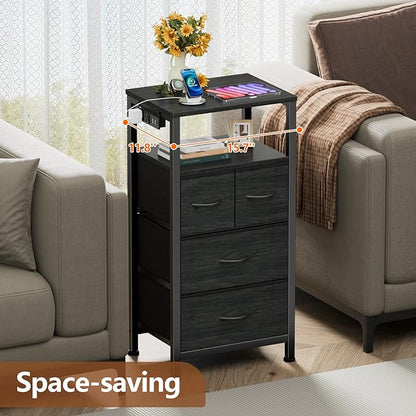 Furnulem Tall Night Stand with Charging Station and Led Light, Small Dresser with Open Shelf and 4 Storage Drawers, Black Side Table Fabric Nightstand for Bedroom, Entryway, Bedside Furniture