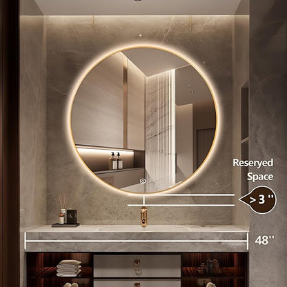 44" Round LED Bathroom Mirror, Wall Mounted Round Backlit Mirror LED Bathroom Vanity Mirror with Lights Fog Free Circle Lighted Mirror with Gold Frame, Smart Light up Mirror 3-Color