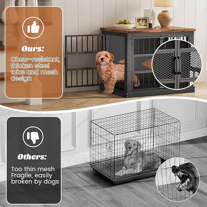 VOPEAK 27.5" Dog Crate Furniture, Chew Resistant Dog Crate for Small Dogs Puppy, Heavy Duty Dog Crates Dog Kennel Cage Indoor with Double Doors, Wooden End Table for Bedroom Living Room, Black-Mewly Pet