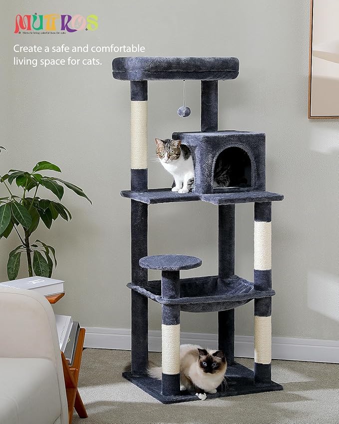 Cat Tree for Large Cats with Metal Plush Big Hammock, 56.3" Cat Tower for Indoor Cats with 2 Door Condo House, 6-Tier Cat Shelves with Scratching Posts and Large Top Perch, Dark Gray-Mewly Pet