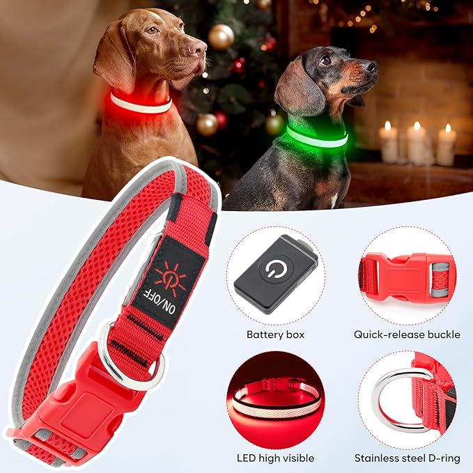 LED Dog Collar, Light Up Dog Collar USB Rechargeable, Brightest Dog Lights for Night Walking, Adjustable Dog Collar Light for Dog Safety (Medium, Ruby Red)-Mewly Pet