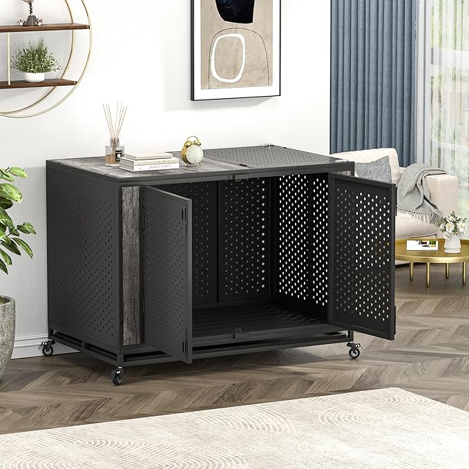 48" Heavy Duty Dog Crate Furniture for Extra Large Dogs, Enclosed Design with 0.5 inch Holes, Indestructible Metal Kennel for High Anxiety Dogs, Chew Proof Pet House Cage Indoor, Gray-Mewly Pet