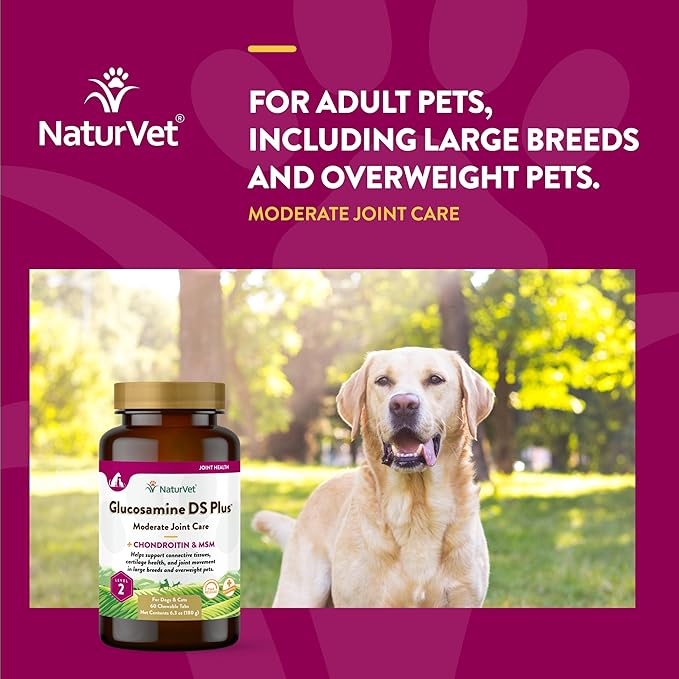 NaturVet Glucosamine DS Plus Level 2 Moderate Care Joint Support Supplement for Dogs and Cats, Chewable Tablets Time Release, Made in The USA, 60 Count-Mewly Pet