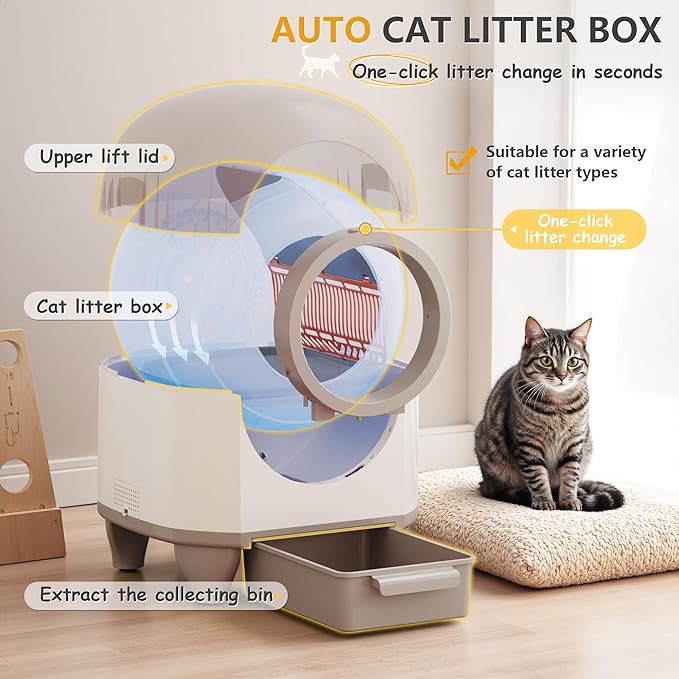 WARCAT Self Cleaning Litter Box Automatic, 90 L Automatic Cat Litter Box for Multiple Cats APP-Controlled with Smart Sensors, Safety Protection,Mat,1 Roll Garbage Bag (Brown)-Mewly Pet
