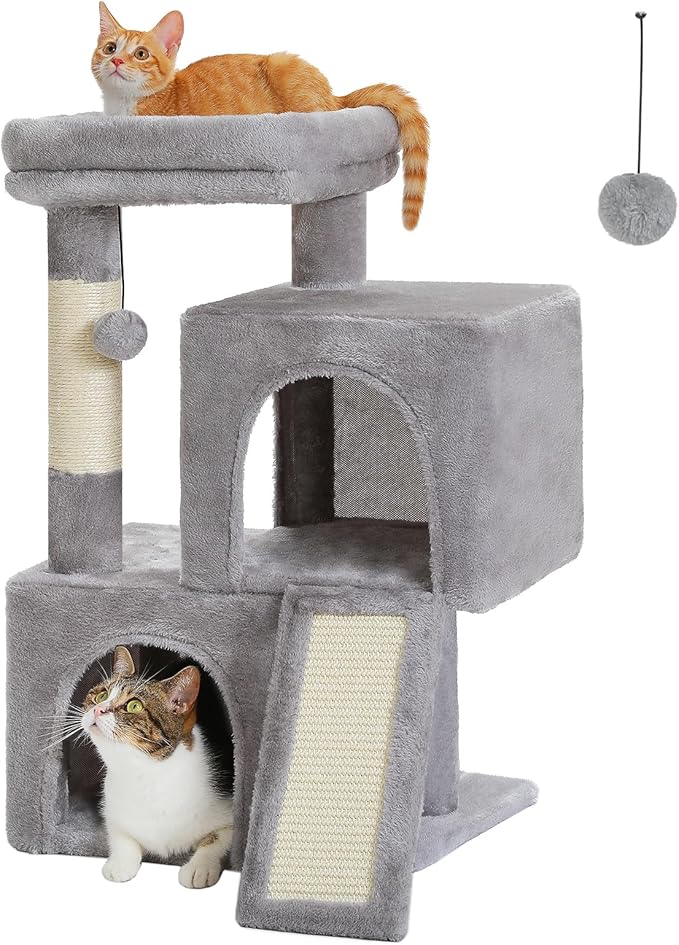 PAWZ Road Cat Tree, 30 Inches Cat Tower with Dual Condos for Indoor Cats, Plush Cat House with Padded Perch, Scratching Ramp and Posts and Replaceable Balls-Gray-Mewly Pet