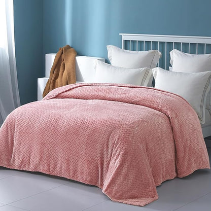 Exclusivo Mezcla Fleece Queen Size Blanket for Bed, 90x90 Inches Soft Cozy Jacquard Flannel Blankets, Lightweight Fuzzy Plush Warm for Winter, Pink