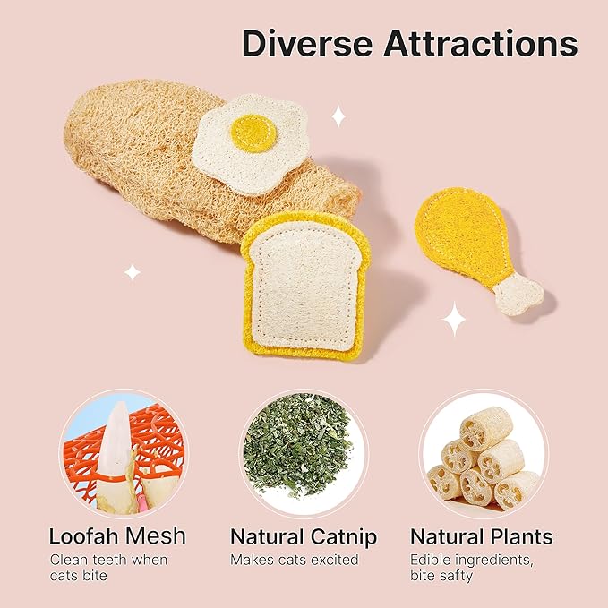 Potaroma Loofah Cat Chew Toys with Catnip and Silvervine, 3PCS Interactive Kitten Loofa Dental Teething and Biting Catnip Toys for Cat's Dental Cleaning, 3.2 Inches-Mewly Pet