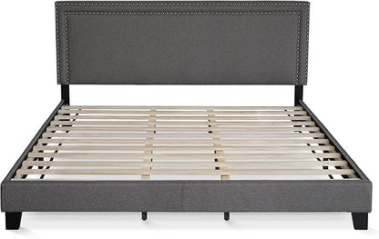 Furinno Laval Double Row Nail Head Upholstered Platform Bed Frame, King, Stone