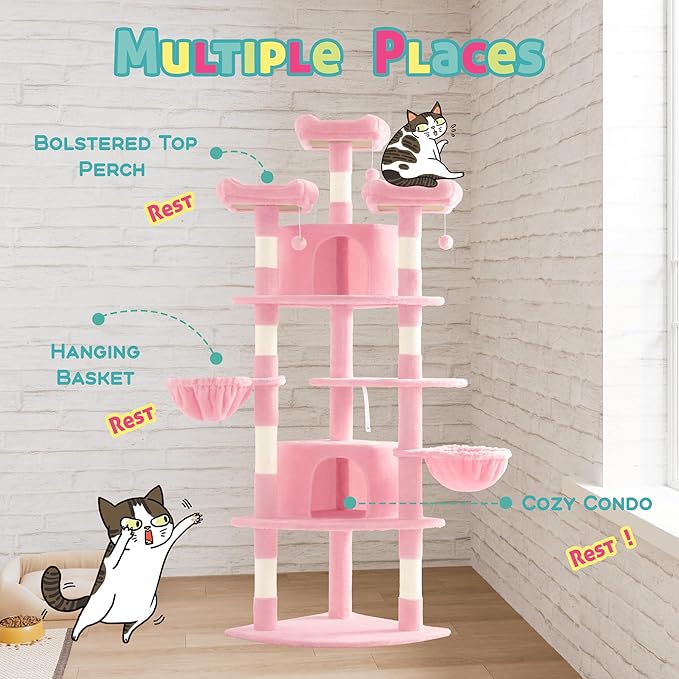 SHA CERLIN 73in Fan-Shaped Corner Cat Tower for Save Space/Multi-Level Tall Cat Tree for Indoor Kitties/Condo with Baskets/Cozy Perches/Sisal Scratching Posts/Pet Activity House/Pink-Mewly Pet
