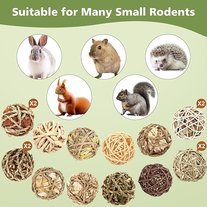 Bunny Chew Grass Balls, Rolling Chew Toys for Small Animals, Improving Dental Health, Natural Chew Grass Toys for Rabbits, Guinea Pigs, Chinchillas, Hamsters, Mice (16 Pcs)-Mewly Pet