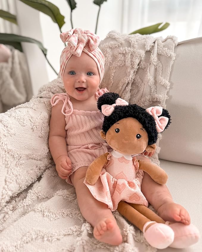 Soft Baby Doll Toys (16''), My First Baby Rag Doll for 1 Year-Old Girl Birthday Gift, Christmas Plush Toys Gift for Toddler Kids Infants-Sweetheart(Double Buns Tanned)-Mewly Pet