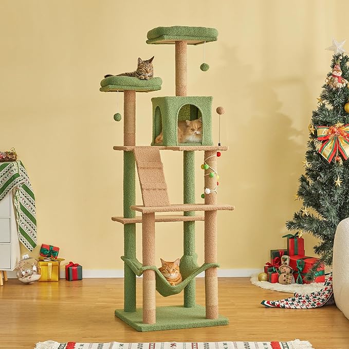 MWPO 70.1-Inch Green Large Cat Tree, Multi-Level Tall Cat Tower for Indoor Cats, Plush Cat Condo with Big Padded Perches, Sisal-Covered Scratching Posts, Hammock, Toys for Kittens & Cats-Mewly Pet
