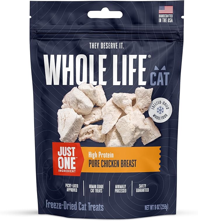 Whole Life Cat Just One Chicken Freeze Dried Cat Treats - Human Grade High Protein Food, Healthy Training Snacks, Freeze Dried Chicken Food Toppers, USA Made Natural Treats - 9 oz (Pack of 1)-Mewly Pet