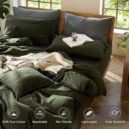 MooMee Bedding Duvet Cover Set 100% Washed Cotton Linen Like Textured Breathable Durable Soft Comfy (Solid Olive Green, King 104"x90")