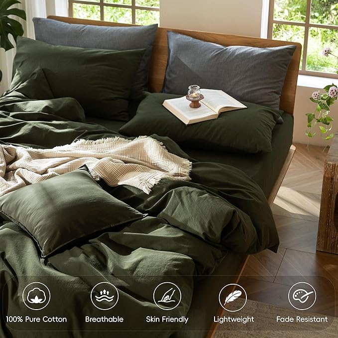 MooMee Bedding Duvet Cover Set 100% Washed Cotton Linen Like Textured Breathable Durable Soft Comfy (Solid Olive Green, Twin 68"x90")