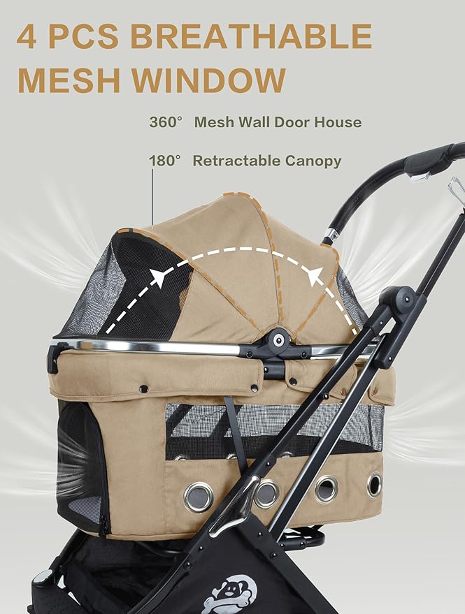 JK Pawadore 4 Wheels Pet Stroller Best Lightweight Foldable Portable Secure Easy Lock NO-Zip 180 ̊ Canopy Sun Shades Waterproof for Small/Medium Dogs 33lbs with Large Storage Basket (Khaki)-Mewly Pet