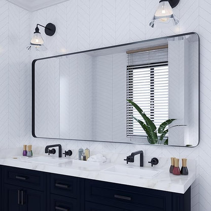 VocalStar Black Metal Framed Bathroom Mirror for Wall, 72 x 36 Inch Large Rounded Rectangle Matte Black Bathroom Vanity Mirror Farmhouse, 1/4-inch Shatterproof Glass | Ultra-Flush Hanging
