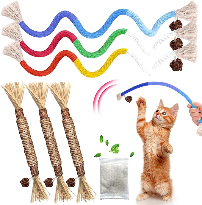 Cat Toys Chew Rope & Silvervine Sticks for Bored Indoor Adult Cats, 6Pcs Interactive Catnip Toys for Cats with Refillable Natural Catnip Bag for Teeth Cleaning-Mewly Pet