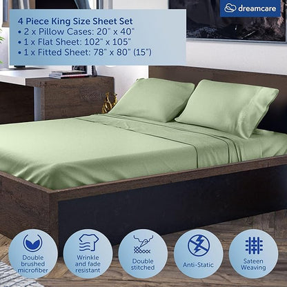 DREAMCARE King Size Sheets Set - Cooling Bed Sheets - 4pcs Set - up to 15" Deep Pocket King Sheet Set – Soft & Long Lasting Cooling - 100% Fine Brushed Microfiber with Side Pocket - Sage Green