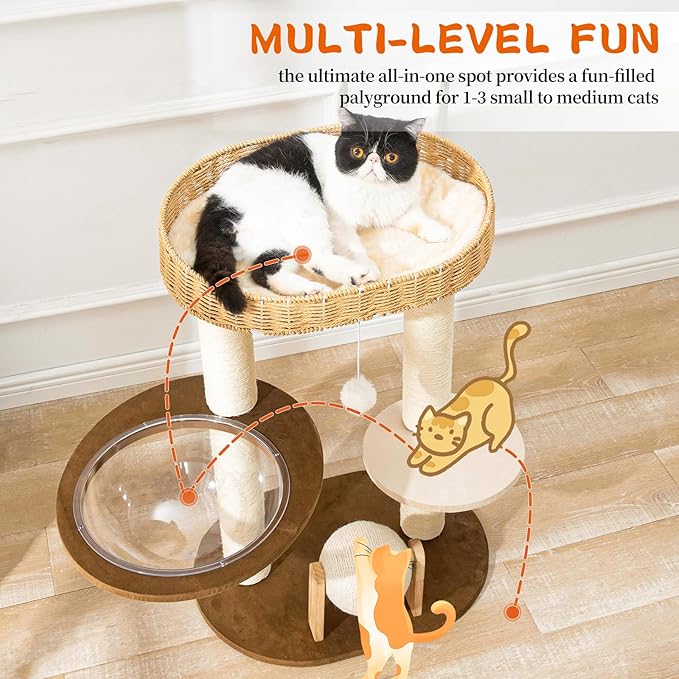 Modern Cat Tree for Indoor Cats, Wood Cat Tree with Natural Sisal-Covered Scratching Posts, Unique Cat Furniture Activity Center with Cat Scratching Ball Toy-Mewly Pet