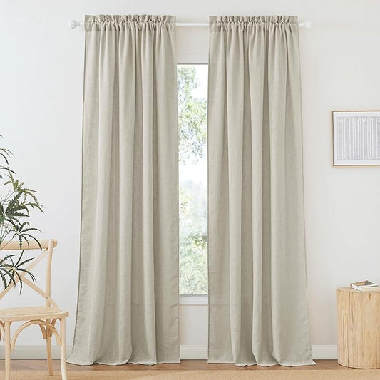 RYB HOME Linen Sheer Curtains - Semi Sheer Privacy Drapes for Bedroom Living Room Kitchen Bathroom Cafe Window Decor, Angora, 52 inch Width x 90 inch Length, 1 Pair