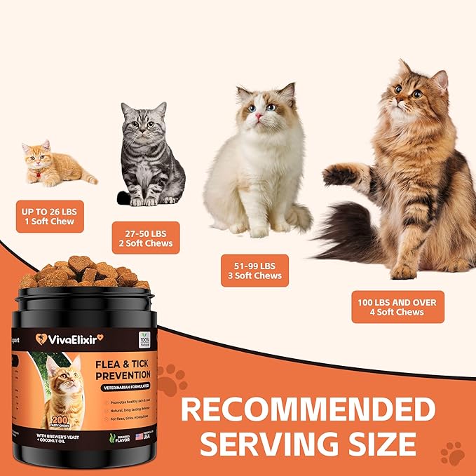 Flea & Tick Treatment for Cats – Natural Flea, Tick & Mosquito Prevention with Brewer’s Yeast, Coconut Oil – Skin & Coat Health, Immune Support – Vet Formulated 200 Chews-Mewly Pet