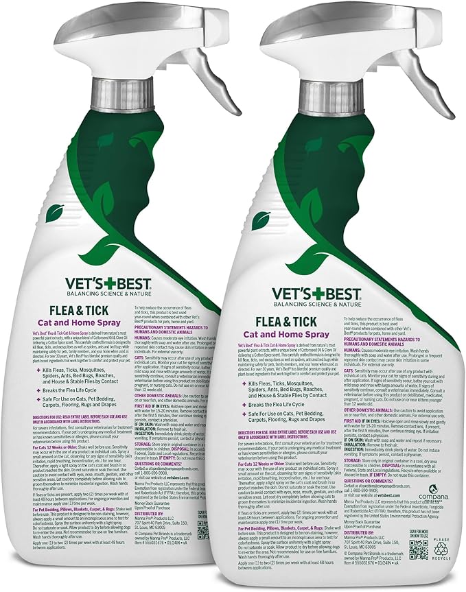 Vet's Best Natural Cat Flea & Tick Home Spray – Plant-Based Cotton Spice Mist for Cats – Indoor Flea Control with Natural Oils – Gentle Scented Spray for Home Use – Made in USA, 32 oz, 2-Pack-Mewly Pet