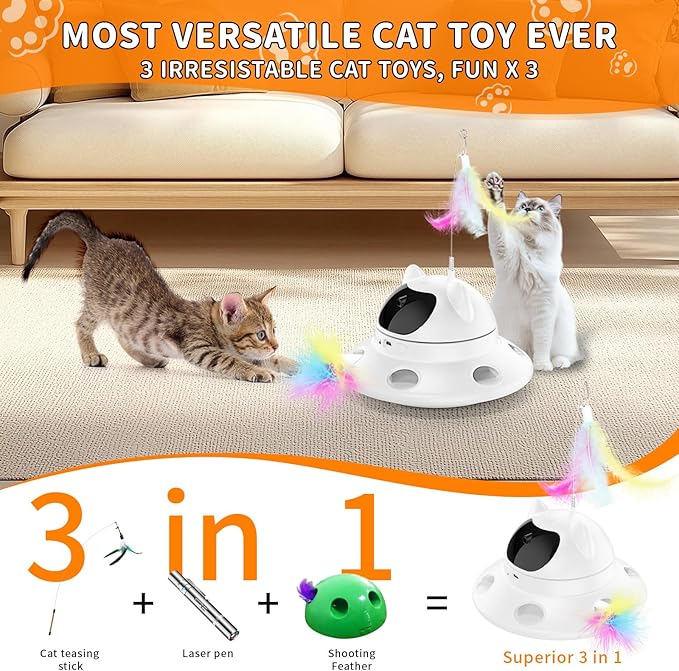 Cat Laser Toy,3-in-1Interactive Cat Toys Automatic Cat Toy with 360° Random Laser & Interactive Feather - 5 Laser PatternsUSB Rechargeable Motion Activated Moving - Fun Toys for Indoor Cats & Kittens-Mewly Pet