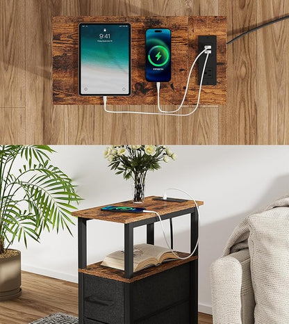 2 Set Narrow Side Table for Small Spaces, Skinny End Table with Charging Station, Sofa Beside Table with 2 Drawers 1 Open Compartment, Slim Nightstand with USB Ports Outlet, Rustic and Brown UTBT004F2