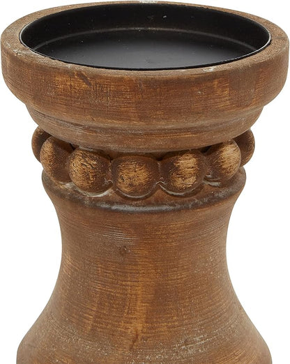 Deco 79 Wood Beaded Pillar Candle Holder, Set of 3 12", 9", 7"H, Brown