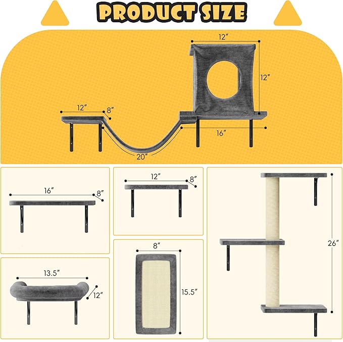 NUNU LAB Wall Mounted Cat Furniture, 6 Pcs Cat Wall Shelves with Condo House, Bridge, Steps, Scratcher, Hammock, Indoor Safe & Stable Furniture for Kittens Play, Dark Gray-Mewly Pet