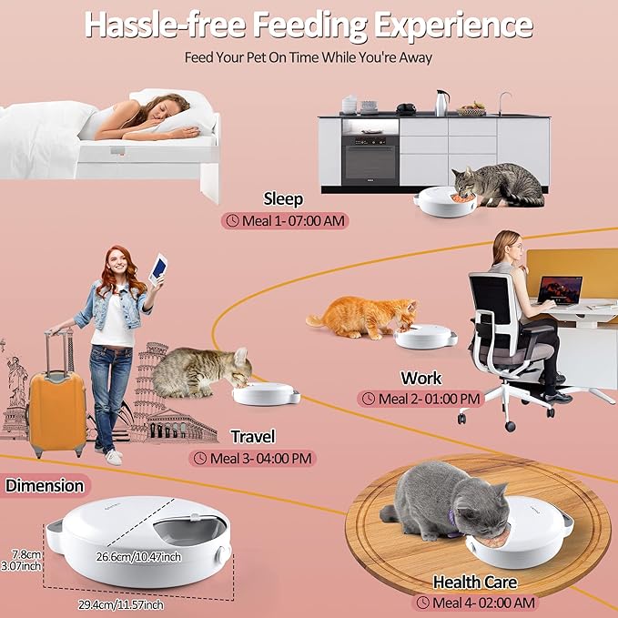 Automatic Cat Feeder Wet Food, Battery Operated Auto Wet/Dry Food Feeder with 2 Ice Packs, Cordless Programmable Timer Pet Auto Dispenser for Cat and Small & Medium Dog (4-Meals & Battery Included)-Mewly Pet