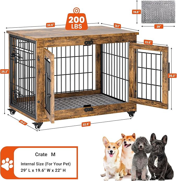 Lulive Dog Crate Furniture, Dog Kennel Indoor Double Doors Wooden Dog Cage, 32'' Heavy Duty Dog Crate with Cushion & Wheels, Decorative End Table Pet House Chew-Resistant for Medium/Small, Brown-Mewly Pet